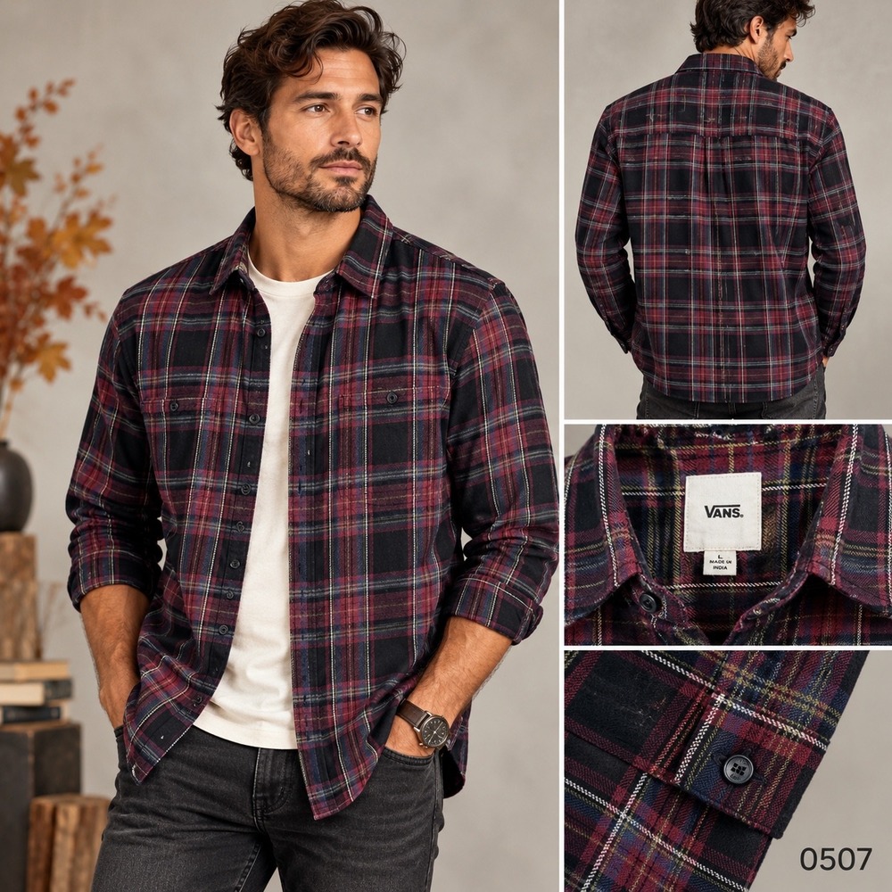 Vans Mens Plaid Flannel Button Down Shirt Burgundy Navy Blue Long Sleeve L 0507